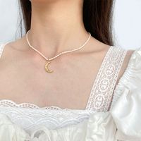 Retro Baroque Freshwater Pearl Clavicle Chain Titanium Steel Crescent Necklace main image 4