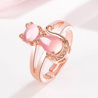 Korean Pink Crystal Cat Ring Female Diamond Hibiscus Stone Cat Open Fashion Ring main image 3