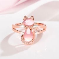 Korean Pink Crystal Cat Ring Female Diamond Hibiscus Stone Cat Open Fashion Ring main image 4