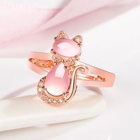 Korean Pink Crystal Cat Ring Female Diamond Hibiscus Stone Cat Open Fashion Ring main image 6