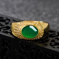 Retro Ethnic Green Agate Oval Green Chalcedony Ancient Gold Ring Jewelry main image 4