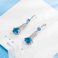 Korean Elegant Diamond Long Blue Crystal Copper Earrings Jewelry main image 4