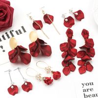 Korea Sexy Red Rose Petal Tassel Rhinestone Metal Earrings main image 6