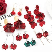 Korea Sexy Red Rose Petal Tassel Rhinestone Metal Earrings main image 2