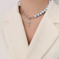 Retro Pearl Cross Necklace Jewelry Titanium Steel 18k Gold Clavicle Chain sku image 1