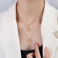Fashion Key Heart Lock Pendant Necklace Titanium Steel 18k Gold Plated Clavicle Chain sku image 5