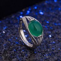 Korean Hetian Jasper Inlaid Green Chalcedony Retro Green Agate Ring Fashion Jewelry sku image 1