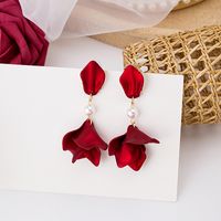 Korea Sexy Red Rose Petal Tassel Rhinestone Metal Earrings sku image 7