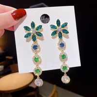Fashion Green Crystal Flower Earrings Female Long Exaggerated Copper Earrings Wholesale sku image 1