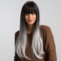Long Straight Gradient Black Gray Grayish White Synthetic Wig With Bangs Cosplay Wig main image 1