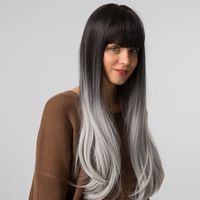Long Straight Gradient Black Gray Grayish White Synthetic Wig With Bangs Cosplay Wig main image 6