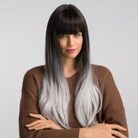 Long Straight Gradient Black Gray Grayish White Synthetic Wig With Bangs Cosplay Wig main image 7