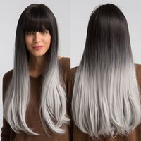 Long Straight Gradient Black Gray Grayish White Synthetic Wig With Bangs Cosplay Wig main image 8