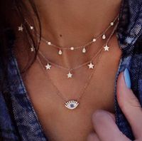 European And American Retro Water Drop Five-pointed Star Rhinestone Creative  Eyes Blue Three-layer Necklace main image 1