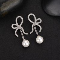 Geometric Bowknot Zircon Pearl Tassel Long Copper Earrings main image 3