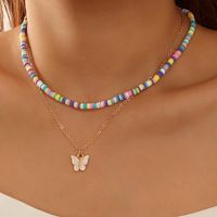 Jewelry New Bohemian Color Rice Bead Double Butterfly Pendant Necklace Wholesale main image 1