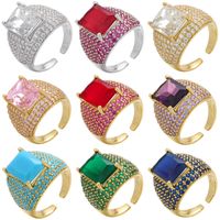 Retro Colored Diamonds Micro-inlaid Square Zircon Copper Open Ring main image 2