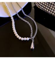 Korean Asymmetrical Design Sense Pearl Titanium Steel Drop-shaped Clavicle Chain main image 2