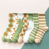 Green Autumn And Winter Women's Socks In The Tube Hit Color Breathable Striped Plaid Cotton Socks main image 1