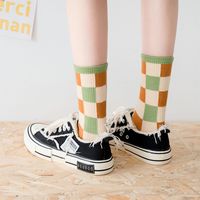 Green Autumn And Winter Women's Socks In The Tube Hit Color Breathable Striped Plaid Cotton Socks main image 4