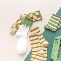 Green Autumn And Winter Women's Socks In The Tube Hit Color Breathable Striped Plaid Cotton Socks main image 5
