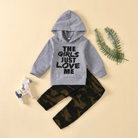 Boys Korean Spring Autumn Letter Print Hooded Camouflage Pant Two-piece Baby Suit sku image 5