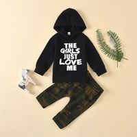 Boys Korean Spring Autumn Letter Print Hooded Camouflage Pant Two-piece Baby Suit sku image 10