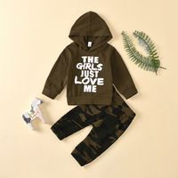 Boys Korean Spring Autumn Letter Print Hooded Camouflage Pant Two-piece Baby Suit sku image 15