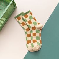 Green Autumn And Winter Women's Socks In The Tube Hit Color Breathable Striped Plaid Cotton Socks sku image 1