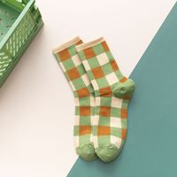 Green Autumn And Winter Women's Socks In The Tube Hit Color Breathable Striped Plaid Cotton Socks sku image 2