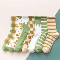 Green Autumn And Winter Women's Socks In The Tube Hit Color Breathable Striped Plaid Cotton Socks sku image 8