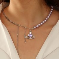 Romantic Purple Crystal Planet Pearl Clavicle Necklace Personality Tassel Necklace main image 1