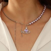 Romantic Purple Crystal Planet Pearl Clavicle Necklace Personality Tassel Necklace sku image 1