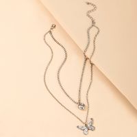 Fashion Simple Retro Silver Heart Full Rhinestone Butterfly Pendant Double-layer Necklace main image 3
