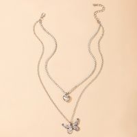 Fashion Simple Retro Silver Heart Full Rhinestone Butterfly Pendant Double-layer Necklace main image 5