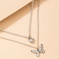 Fashion Simple Retro Silver Heart Full Rhinestone Butterfly Pendant Double-layer Necklace main image 6