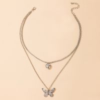 Fashion Simple Retro Silver Heart Full Rhinestone Butterfly Pendant Double-layer Necklace main image 7