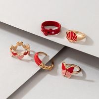 New Peach Heart Pig Animal Combination Ring Heart Butterfly Scallop Red Oil Drop Ring Five-piece Set main image 3