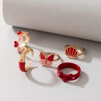 New Peach Heart Pig Animal Combination Ring Heart Butterfly Scallop Red Oil Drop Ring Five-piece Set main image 5