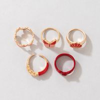 New Peach Heart Pig Animal Combination Ring Heart Butterfly Scallop Red Oil Drop Ring Five-piece Set main image 7