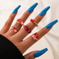 New Peach Heart Pig Animal Combination Ring Heart Butterfly Scallop Red Oil Drop Ring Five-piece Set sku image 1