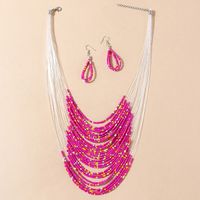 European And American Retro Wild Creative Ethnic Style Rice Beads Necklace Earrings Set sku image 4