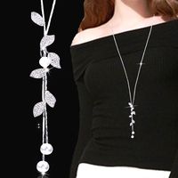Korean Fashion Concise Leaf Flash Rhinestone Pearl Accessories Drop Ear Long Necklace Chain sku image 1