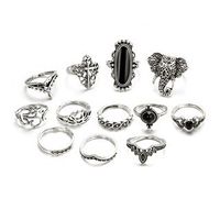 Fashion Retro Black Gemstone Water Drop Diamond Geometric Hollow Lotus Set Ring 11 Piece Set sku image 8