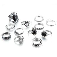 Fashion Retro Black Gemstone Water Drop Diamond Geometric Hollow Lotus Set Ring 11 Piece Set sku image 14