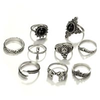 Fashion Retro Black Gemstone Water Drop Diamond Geometric Hollow Lotus Set Ring 11 Piece Set sku image 5