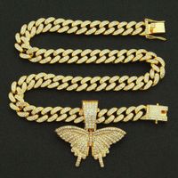 Hip-hop Full Diamond Three-dimensional Butterfly Pendant Wide Chain Cuban Chain Necklace main image 4