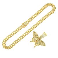 Hip-hop Full Diamond Three-dimensional Butterfly Pendant Wide Chain Cuban Chain Necklace main image 6