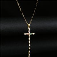 Retro Copper Plated Real Gold Color Zirconium Cross Pendant Necklace Female Religious Jewelry main image 3
