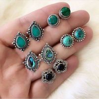 New 5 Pairs Set Earrings European And American Fashion Retro Dazzling Turquoise Gem Earrings Set main image 1